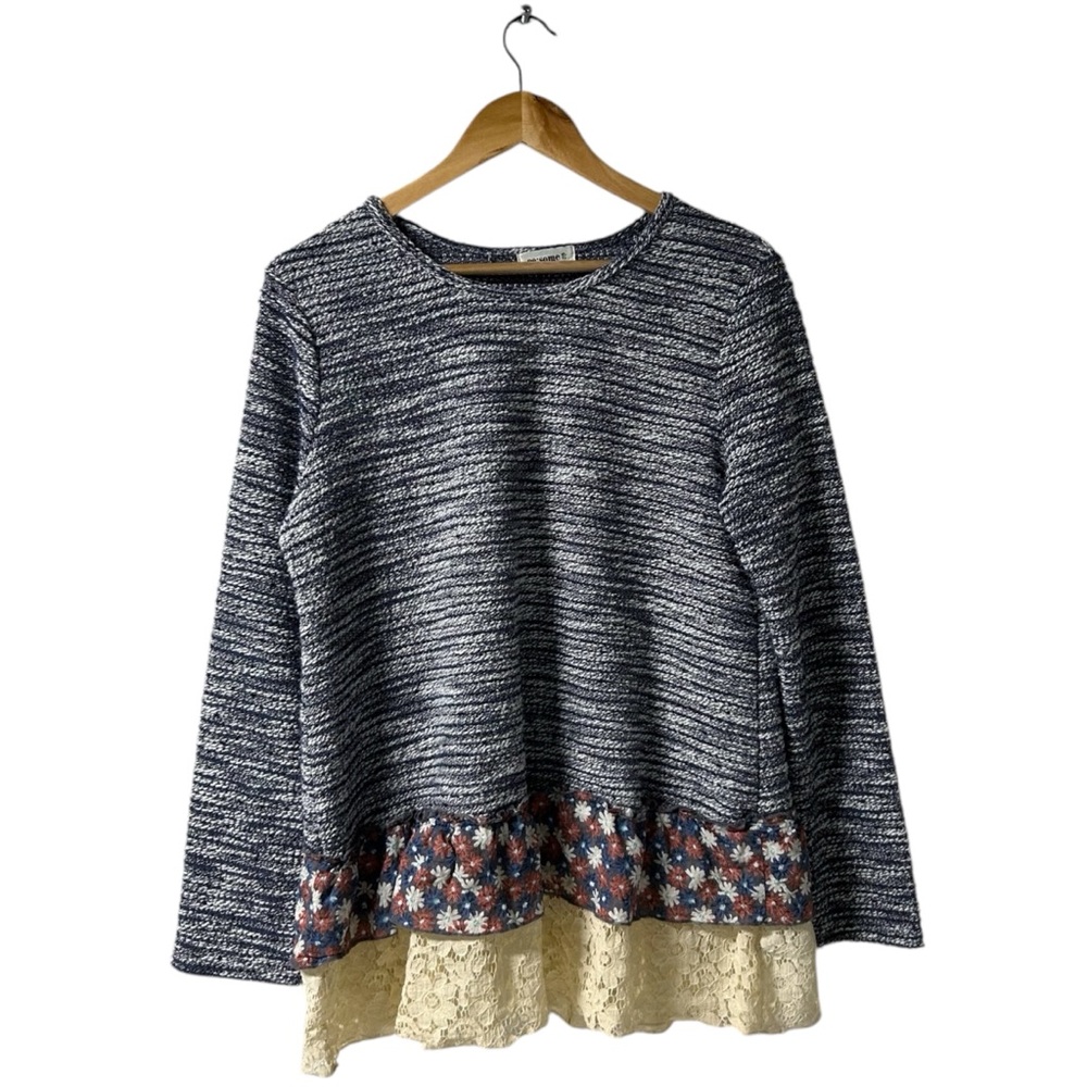 Eesome Long Sleeve Mixed Fabric Sweater Knit Top Tunic Lace Gray Blue Size M